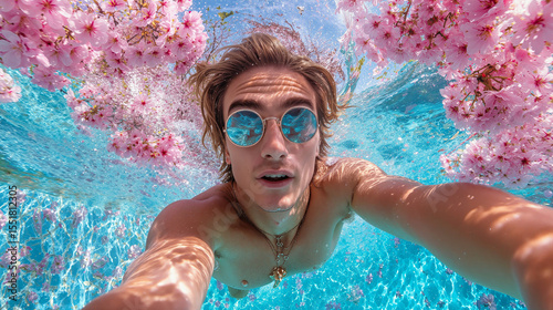 Underwater Selfie with Cherry Blossoms and Vibrant Blue Water