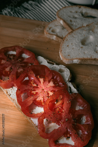 A rustic flat lay featuring slices of homemade artisan bread, fresh heirloom tomato, peppers on a wooden kitchen table. Natural light and cozy farmhouse aesthetics