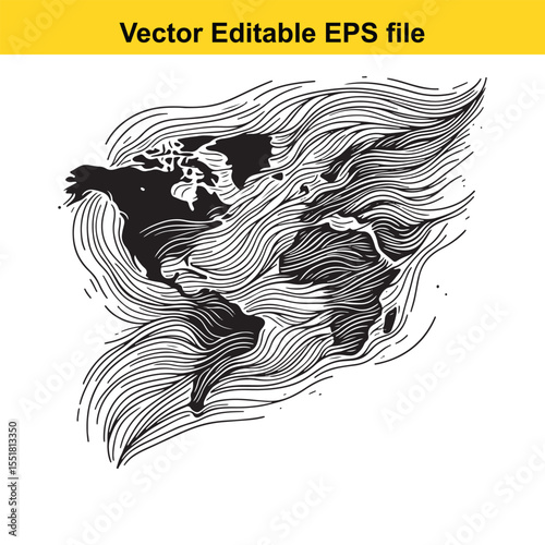 Stylized World Map Line Art Depicting Continents and Wave Patterns Showing Environmental Interconnection