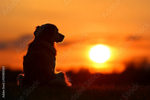 Generative AI image of a small dog watching a glowing orange sunset over a peaceful lake, symbolizing peace