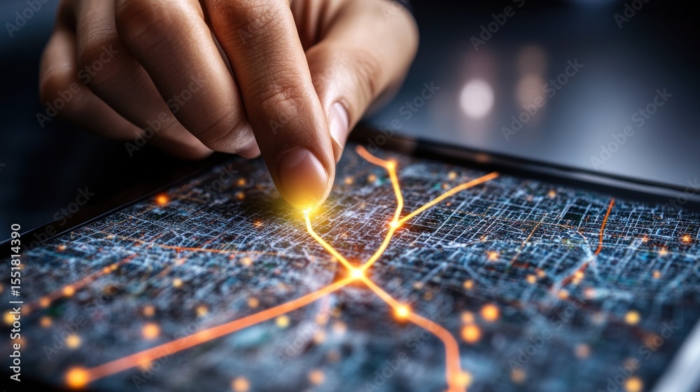 Naklejka premium Hand touching interactive city map on tablet