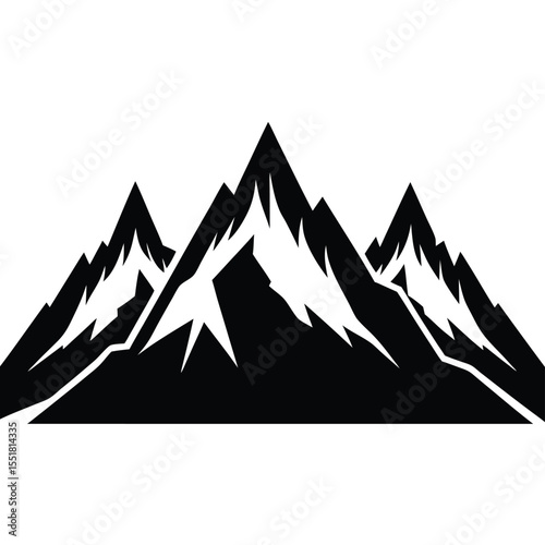 A monochrome illustration of three mountain peaks with snow silhouette