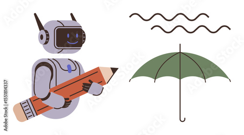 Robot holding pencil beside green umbrella with wavy lines above, combining innovation, protection, and expression. Ideal for creativity, technology, security, education, design imagination