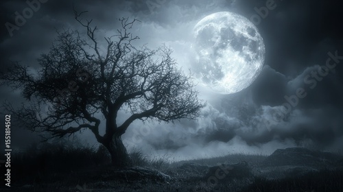 3D render of full moon and creepy tree