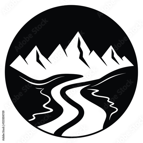 A black and white graphic of mountains and a winding river silhouette