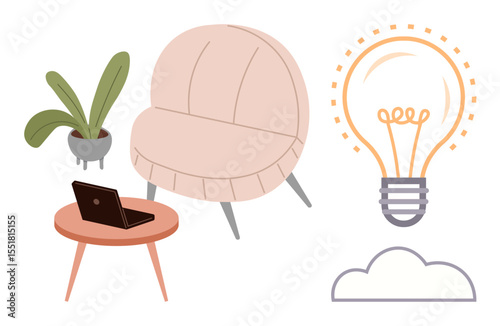 Interior elements include a round armchair, side table with a laptop, potted plant, light bulb, and cloud. Ideal for creativity, productivity, innovation, design home office inspiration simple