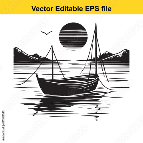 Monochrome Boat on Calm Waters Amidst Mountains at Sunset A Serene Nautical Scene Evoking Peace