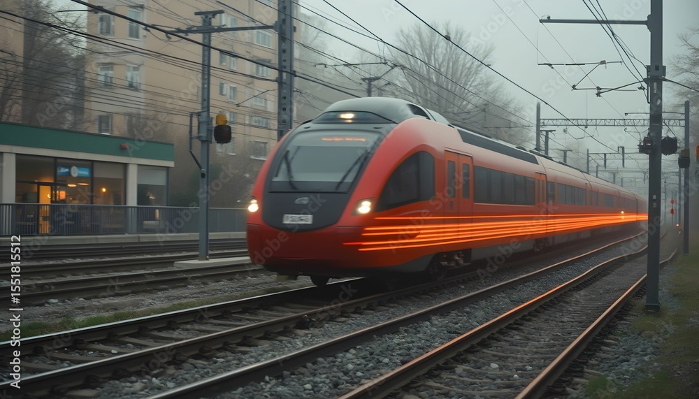 Fototapeta premium Modern Train Speeds Through Station Tracks