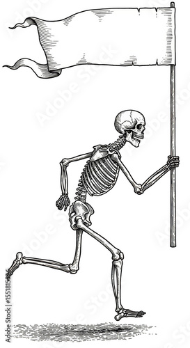 Skeleton Illustration Running with a White Banner Death and Horror