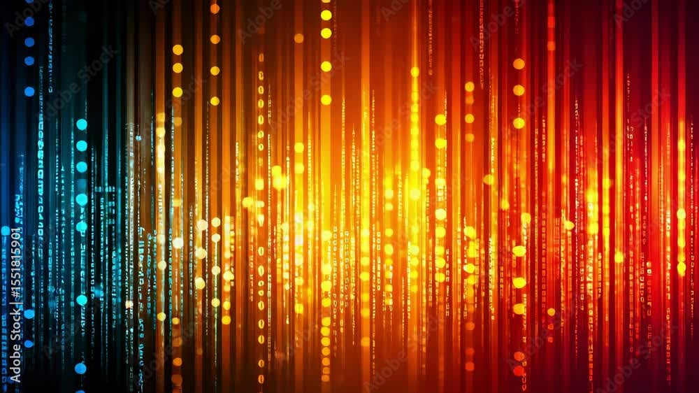 Glowing binary code digital data streams with vibrant blue, orange, yellow, and red technology