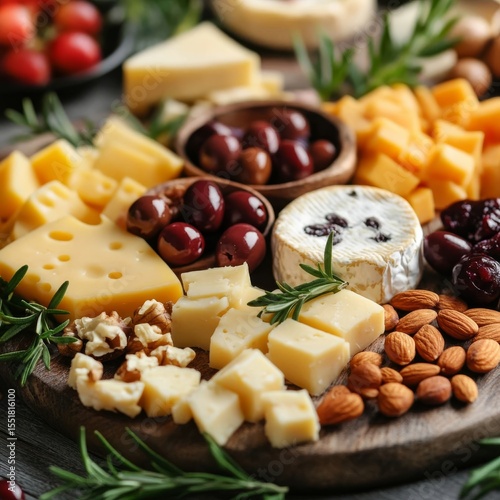 Cheeses, nuts, olives, cranberries snack.