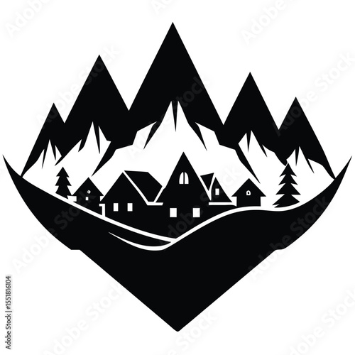Black and white mountain village scene vector graphic design silhouette