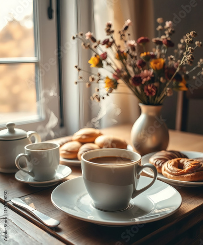 Enjoying a cozy morning with fresh pastries and aromatic coffee at a sunlit kitchen table