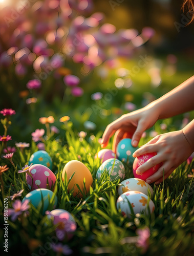 Children gather colorful Easter eggs among blooming flowers during a sunny spring afternoon in a vibrant garden