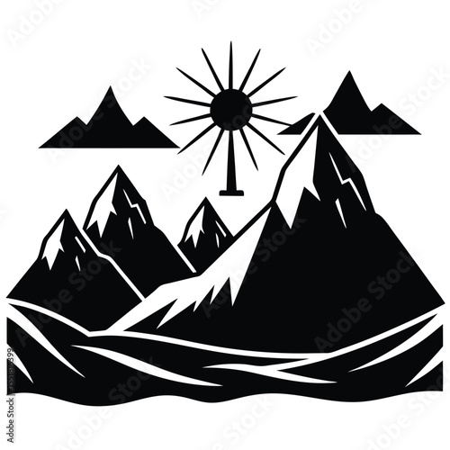 Illustrated mountain range with sun and water in black and white silhouette
