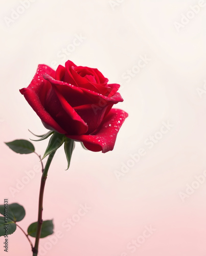 Elegance of a red rose adorned with raindrops, standing out against a soft pastel backdrop during a serene morning