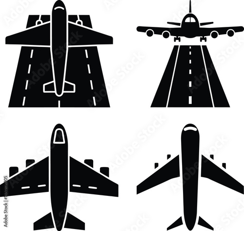 Airport Airplane Icons Set. Landing Takeoff and Top Views.