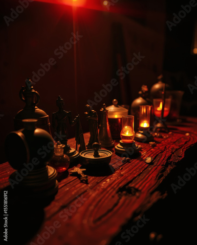 Intricate display of vintage artifacts illuminated by soft candlelight in a warm, inviting space