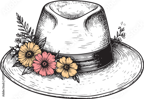 Hand-Drawn Panama Hat with Blooms