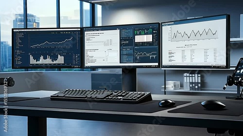 Modern workspace featuring multiple monitors displaying data analytics in a city office