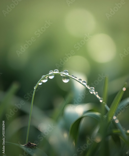 Morning dew glistens on delicate grass blades under soft sunlight in a tranquil garden setting