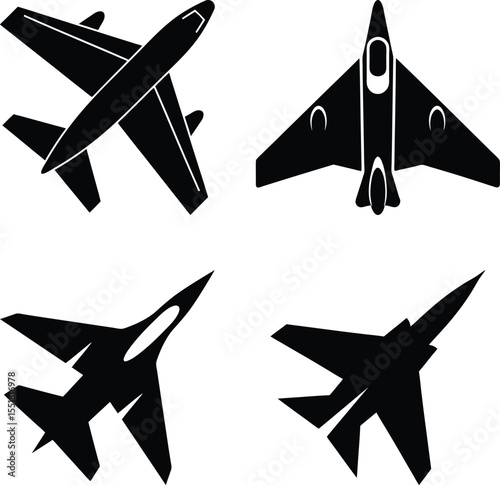 Fighter Jet and Aircraft Silhouettes. Military and Commercial Planes.