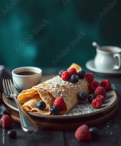 Delightful crepes adorned with fresh berries and a drizzle of syrup create a tempting breakfast experience at a cozy café