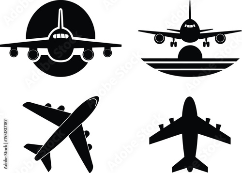 Airplane Icon Set. Front Top and Landing Views.