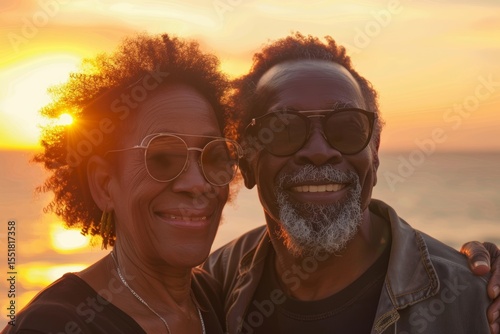 Portrait of a smiling afro-american couple in their 60s enjoying a sunset together