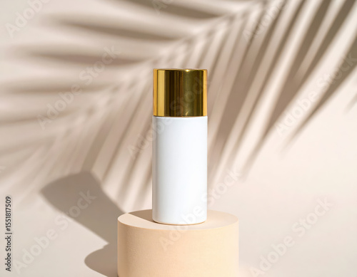 Beige Cylinder Product Packaging with Palm Leaf Shadow Overlay