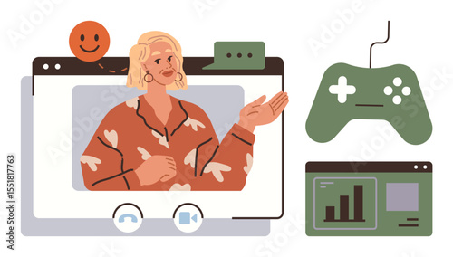 Woman presenting in front of a virtual meeting app window, speech bubble, smiling emotion, game controller, and analytics dashboard. Ideal for communication, gaming, online interaction, education