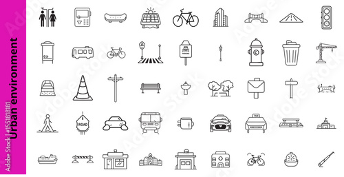 Urban environment icon set featuring transportation and city elements  