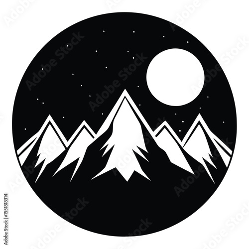 Black and white mountain range with moon and stars in circle silhouette
