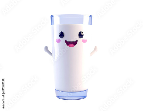 Cute Milk Glass Cartoon with Shiny Eyes and Happy Expression