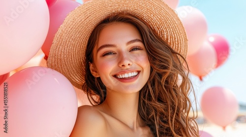 Joyful Woman with Brown Hair Smiling Under Sunshine Surrounded by Pink Balloons in a Summer Celebration Scene