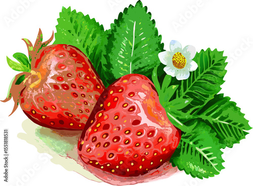 Whole strawberries displayed with green leaves and white flowers, suitable for use in nutrition, garden, or lifestyle imagery
