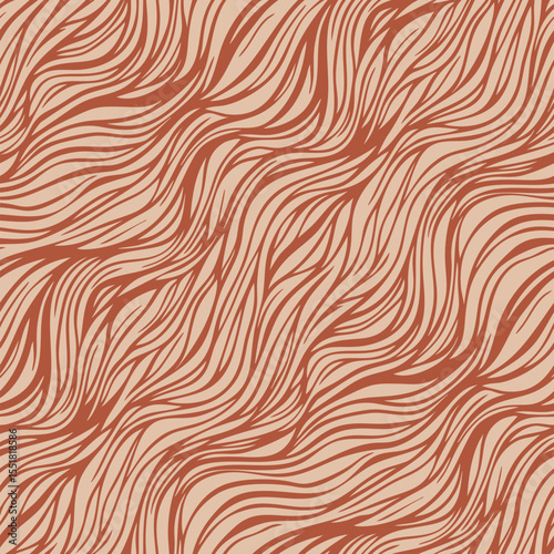 Vector seamless pattern with organic shapes, liquid wavy lines, fibers, threads, biological structures. Abstract diagonal tangled line background. Natural texture in red and beige color. Repeat design