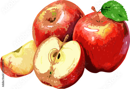 Juicy apple slices and whole apples with green leaves,  suitable for health, cooking, or botanical themes