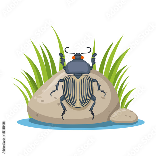 Illustration of a Dung Beetle on a Rock with Grassy Background