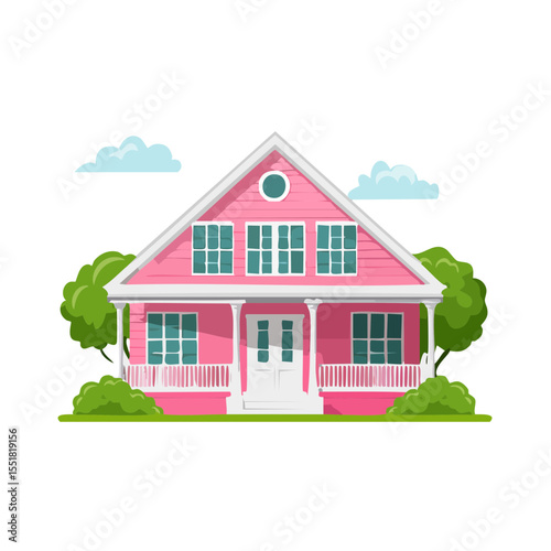 Charming Pink House with White Trim and Greenery