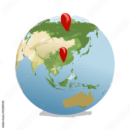 Globe with Location Markers on Asia and Russia