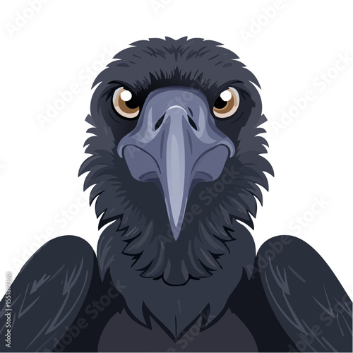 Close-up illustration of a crow face, showing its beak and eyes.