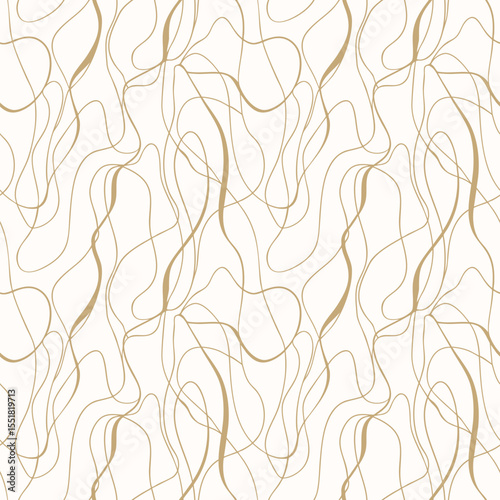 Abstract organic seamless pattern. Vector gold and white background with intertwined curvy lines, threads, ropes, fluid shapes. Minimal luxury golden texture. Repeated design for decor, wallpaper