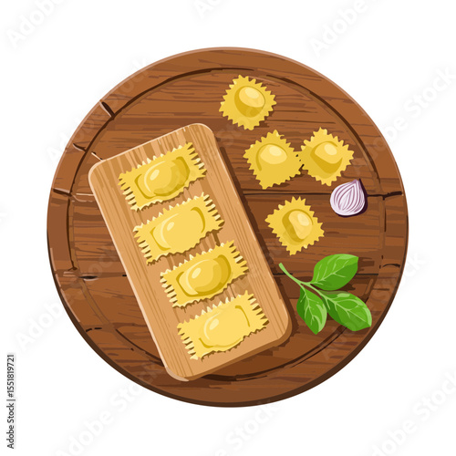 Authentic Ravioli Presentation: Wood Board Display with Fresh Ingredients