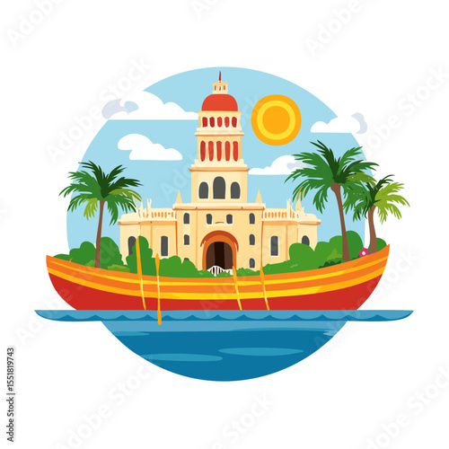 Havana city landscape with boat, lighthouse, palm trees and ocean view