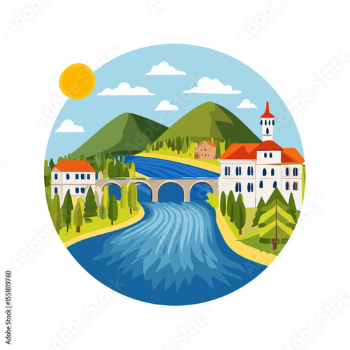Cartoon vector image of Bled Lake with view of the Bled castle on a sunny day