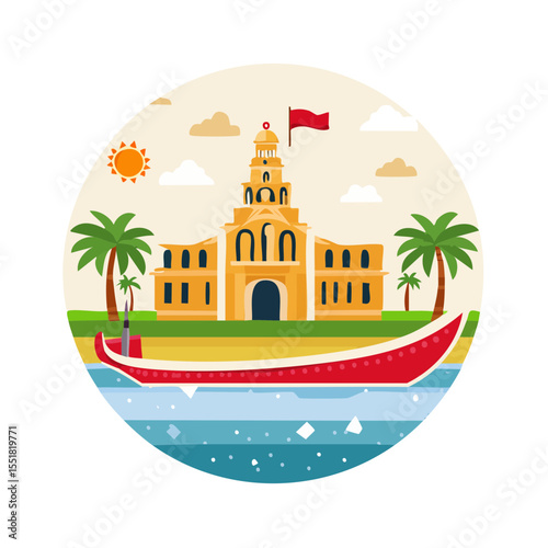 Colorful Illustration of a Cityscape with a Boat