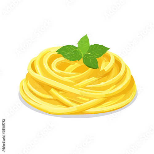 Illustration of a plate of spaghetti with basil leaves on a black background.