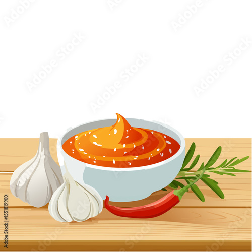 Spicy Sauce with Garlic, Pepper, and Rosemary on a Wooden Table