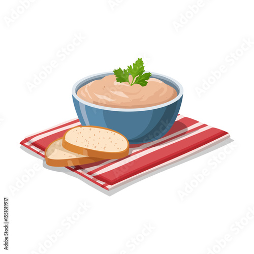 Hummus in a bowl with bread on a red and white striped towel.